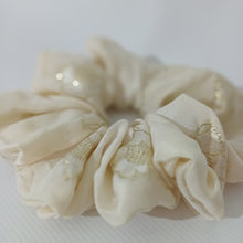 Load image into Gallery viewer, French Vintage Silk Cream + Gold Floral Scrunchie