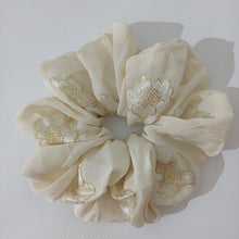 Load image into Gallery viewer, French Vintage Silk Cream + Gold Floral Scrunchie