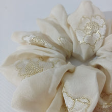 Load image into Gallery viewer, French Vintage Silk Cream + Gold Floral Scrunchie