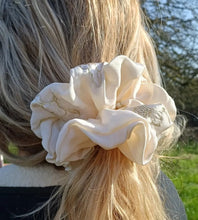 Load image into Gallery viewer, French Vintage Silk Cream + Gold Floral Scrunchie